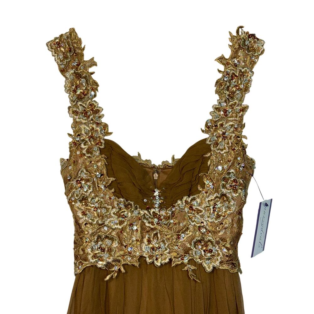 NWT Mandalay Brown Gold Lace Beaded Embellished Long Evening Gown Dress Size 6 - Picture 2 of 15